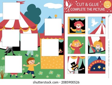 Vector circus cut and glue activity. Amusement show crafting game. Cute scene with marquee, clown, children, tickets. Find the right piece of the puzzle. Complete the picture printable page
