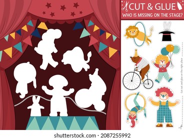 Vector circus cut and glue activity. Amusement show crafting game. Cute scene with clown and animal artists on the stage. Find the right piece of the puzzle. Complete the picture printable page
