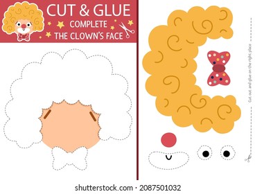 Vector circus cut and glue activity. Amusement show educational crafting game. Find missing parts. Entertainment festival printable page for kids. Complete the clown face
