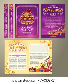 Vector circus flyer, cartoon banner, purple background with vintage emblem of the cirque and space for your text. Poster for advertising an amazing circus show, invitation, admission ticket