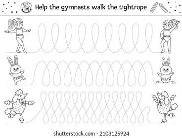 Vector circus handwriting practice worksheet. Amusement show printable black and white activity for preschool children. Tracing game for writing skills. Help the gymnasts walk the tightrope
