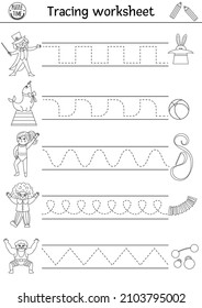 Vector circus handwriting practice worksheet. Amusement show printable black and white activity for preschool children. Tracing game for writing skills with magician, clown, gymnast, athlete
