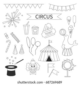 Vector Circus icon set. Festival linear symbol pack. Circus equipment, devices, tent, clown, magic hat, tickets, flags, fireworks, balloons. Carnival performance illustration in cartoon simple style