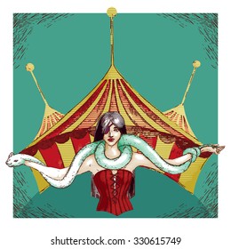 Vector circus illustration in retro or pop art style. Tamer girl with big white snake and circus tent in the background.