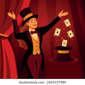 Vector circus illustration, woman girl magician illusionist on stage with magic hat and glitter. Circus performance. Perfect for circus, posters, advertising, tickets, event design and social media
