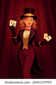 Vector circus illustration, woman girl magician illusionist in suit, top hat and playing cards in hands on background of stars. Use for circus, posters, advertising, tickets, events and social media