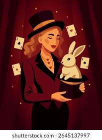 Vector circus illustration, woman girl magician illusionist with top hat and white rabbit in hands on background of cards and stars. Use for circus, posters, advertising, tickets, events, social media