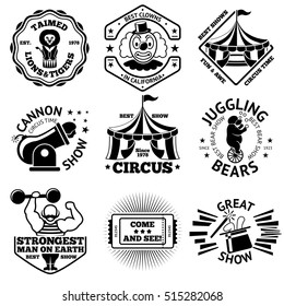 Vector Circus labels set. With lion, juggling bear on bike, clown, marquee, strong man, cannon man, magic wand and hat etc.