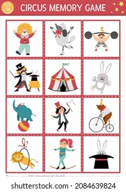 Vector Circus Memory Game Cards With Cute Artists. Amusement Show Matching Activity. Remember And Find Correct Card. Simple Entertainment Festival Printable Worksheet For Kids
