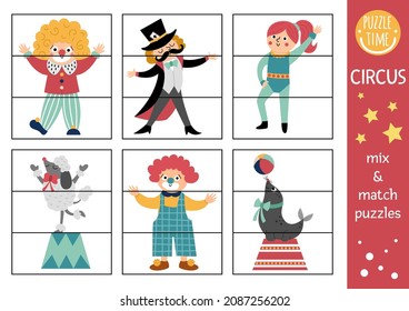 Vector circus mix and match puzzle with clown, magician, poodle, gymnast, seal. Matching amusement show activity for preschool kids. Educational printable game with stage performers
