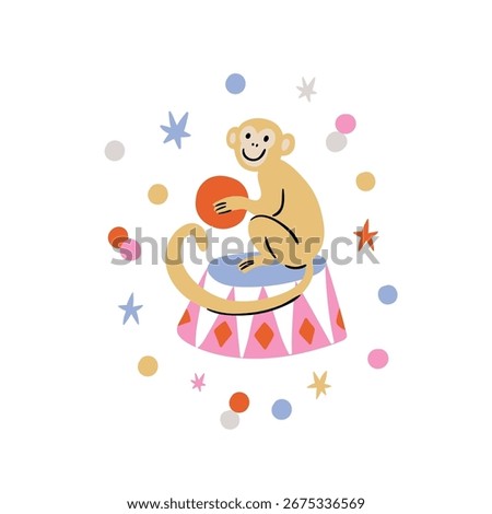 
Vector circus monkey illustration. Hand drawn monkey with a ball nursery poster design. 