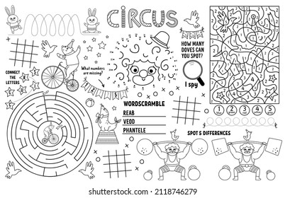 Vector circus placemat for kids. Amusement show printable activity mat with maze, tic tac toe charts, connect the dots, find difference. Black and white play mat or coloring page with clown
