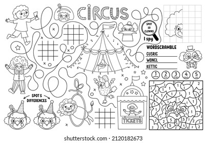 Vector circus placemat for kids. Amusement show printable activity mat with maze, tic tac toe charts, connect the dots, find difference. Black and white play mat or coloring page with clown