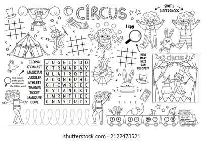 Vector circus placemat for kids. Amusement show printable activity mat with maze, tic tac toe charts, connect the dots, find difference. Black and white play mat or coloring page with clown