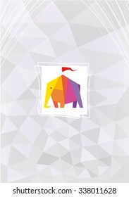 Vector circus postcard with colorful elephant logotype and white square and lines on grey geometric polygon background
