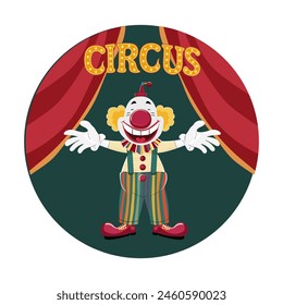 Vector circus poster with a cheerful clown inviting you to a performance.Illustration retro and vintage circus poster background, with clown face design for art festivals and entertainment backgrounds