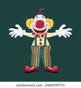 Vector circus poster with a cheerful clown inviting you to a performance. Smiling clown in striped pants
 Isolated on a green background