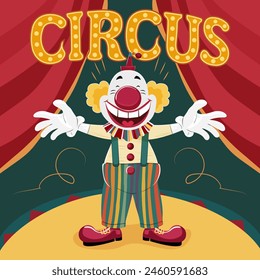 Póster de circo de Vector con un payaso alegre invitándote a una actuación.Payaso sonriente en pantalones a rayas
Fondo de póster de circo retro y vintage, con diseño de cara de payaso para festivales de arte