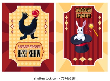 Vector circus poster with circus seal Vector circus poster vith rabbit in hat and magic wand