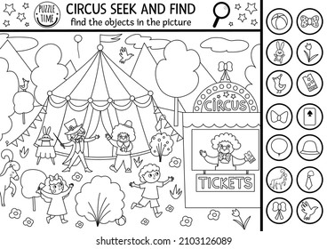 Vector circus searching black and white game with amusement show marquee, clown. Spot hidden objects in the picture. Simple line seek and find printable activity or coloring page
