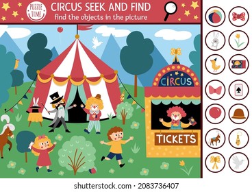 Vector circus searching game with amusement show marquee, clown. Spot hidden objects in the picture. Simple festival tent seek and find educational printable activity for kids
