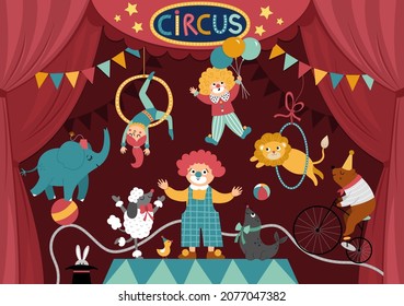 Vector circus stage with red curtains, artists, clown, animals. Street show scene with cute characters. Flat festival background. Holiday event or entertainment show card design
