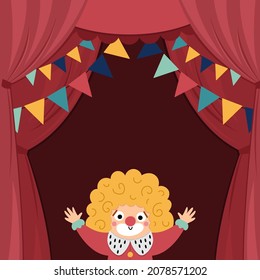 Vector circus stage with red curtains, flags, clown and place for text. Square concert scene background. Flat hall decoration. Holiday event or entertainment show presentation or card design
