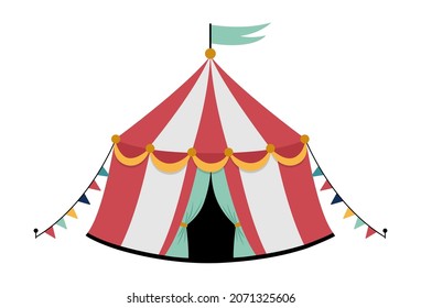 Vector circus tent icon. Amusement park marquee clipart isolated on white background. Cute funny striped festival arena. Street show structure illustration with flags

