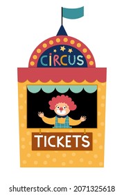 Vector circus ticket box icon. Amusement park entrance control stall with funny clown. Cute funny street festival entrance booth. Street show admission stand illustration
