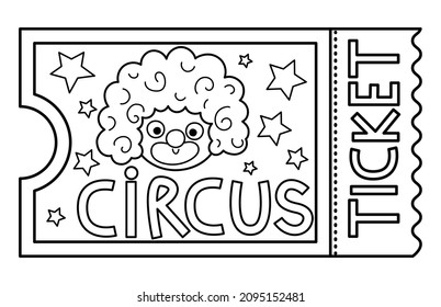 Vector circus ticket line icon. Amusement park pass outline clipart. Cute black and white street festival entrance card. Street show admission coupon illustration or coloring page with clown face
