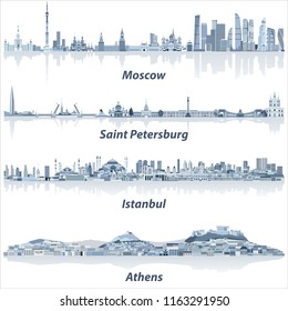 vector cities skylines of Moscow, Saint Petersburg, Istanbul and Athens in soft blue color palette