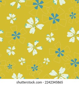 Vector citrine seamless pattern background. Light Flowers. Bright complex flowers and simple blue ones scattered on a citine background, mellowed by delicate outlines. Part of First Floral collection.