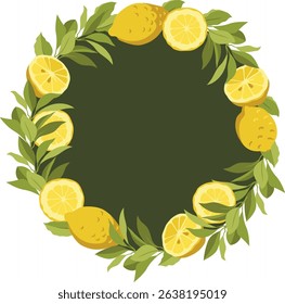 Vector citrus decorative wreath with leaves, traditional Jewish Sukkot Holiday elements. Floral frame template