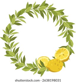 Vector citrus decorative wreath with leaves, traditional Jewish Sukkot Holiday elements. Floral frame template