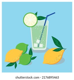vector, citrus drink in a glass with ice, a straw and a slice of lime, lemons and limes with leaves are separately arranged nearby