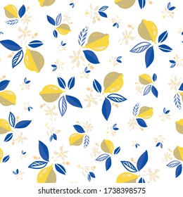 Vector citrus floral mediterranean summer lemon repeating pattern. Hand drawn textured citrus fruit pattern with leaf and blossom on white background. Classy summer backdrop.