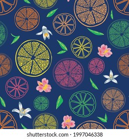 Vector citrus fruit and floral pattern design with fruit slices and lemon flower. Designed by Daania at deeyana83*yahoo.com