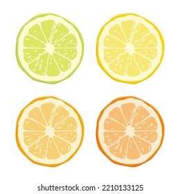 Vector Citrus Fruit Icon Set - Yellow Lemon, Green Lime, Orange Mandarin, Grapefruit Icon Set. Round Slice Design Elements Isolated on White Background