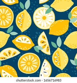 Vector citrus fruit seamless pattern with fresh yellow lemons and dots on blue background 