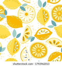 Vector citrus fruit seamless pattern with fresh yellow lemons and dots on white background