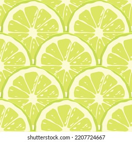 Patrón transparente de cítricos vectores con piezas redondas de cal verde. Elemento de diseño para fondos de escritorio, invitaciones, tarjetas, impresiones, web, regalos, textiles, ropa. Impresión de frutas, concepto de frescura, lemonada