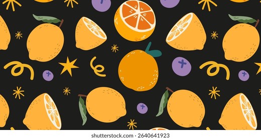 Vector citrus fruits seamless pattern in hand drawn cartoon retro style on black background. Summer design. Juicy lemon, orange, blueberry. Summertime fabric print design
