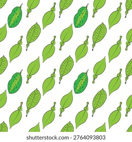 Vector Citrus (Lemon, Lime tree) themed White Background Leafy Seamless Repeat Pattern Illustration Perfect for screen and digital printed Fabric (Casualwear, Beachwear, Leisurewear, Kids wear, Caps, Scarf), Gift Wrapping papers, Scrapbooking, Resort furniture, Curtain, Kitchen Tiling related projects