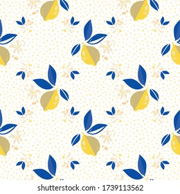 Vector citrus lemon pattern mediterranean modern summer repeating design. Hand drawn textured citrus fruit pattern with leaf and blossom on dotted background. Classy summer backdrop.