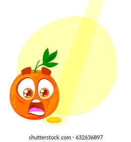 Vector citrus orange with big eyes. Character and coin. Cute orange on bright background with place for text.