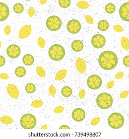 Vector Citrus pattern - juicy lemon and lime - at textured background. Good for designing presentations, printing on textiles or phone cases, web design, social media, wallpaper