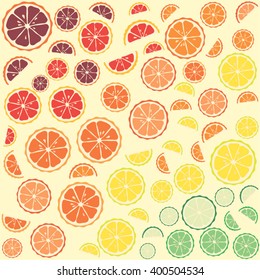 Vector citrus pattern. Set of citrus slices  grapefruit, orange, lemon and lime. Citrus vector background : orange, grapefruit, lemon, lime, pomelo. Cut citrus.
