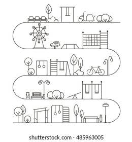 Vector City Activities Illustration in Linear Style - rides, children's swing, rope, toy car, different equipment, and bike. Thin line art icons. Playground and park design elements for map. 