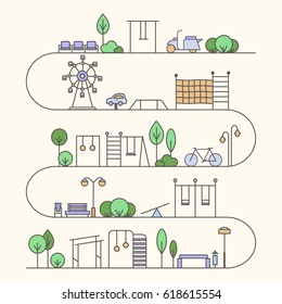 Vector City Activities Illustration in Linear Style - rides; children's swing; rope; toy car; different equipment; and bike. Thin line art icons. Playground and park design elements for map.