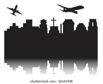 Vector city with airplanes.